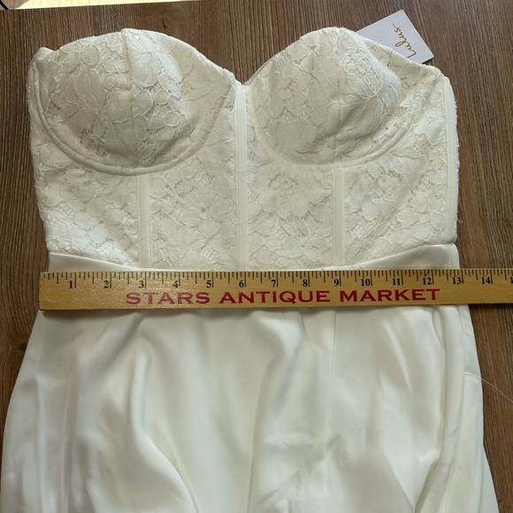 Lulu’s Perfect Vows White,  Lace Bustier Strapless Maxi Dress **see description - Picture 12 of 16